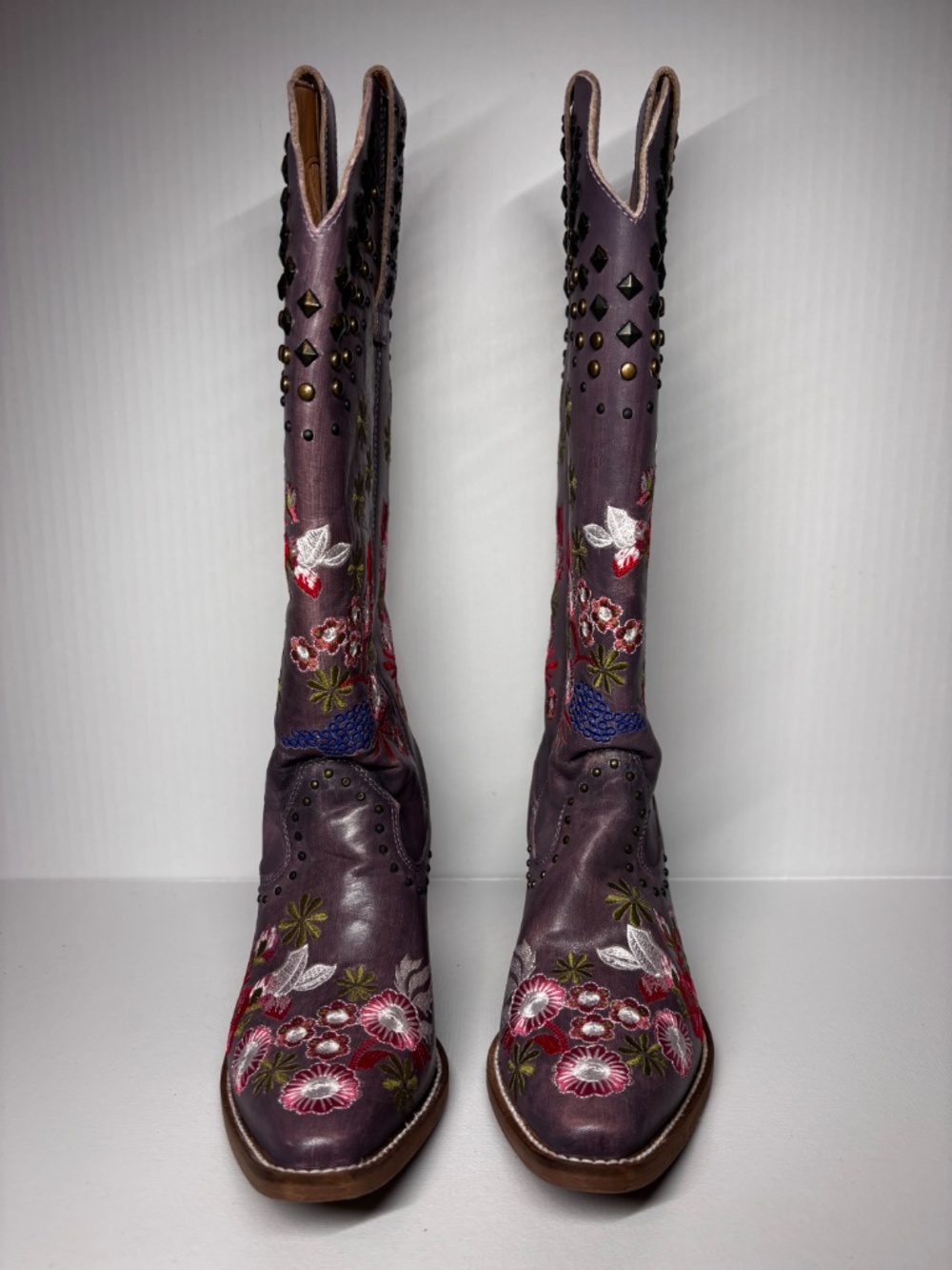 Dingo Lavender Floral Embroidered Leather Cowboy Boots Studded Western Size 6 - Picture 10 of 16